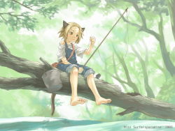 Rule 34 | 00s, 1girl, 2003, :t, animal, animal ears, bag, barefoot, blonde hair, bucket, cat ears, cat tail, day, denim, feet, fish, fishing, fishing hook, fishing rod, foot dangle, forest, holding, holding fishing rod, in tree, miss surfersparadise, nature, off shoulder, original, outdoors, overalls, pants, pants rolled up, shirt, short hair, shoulder bag, sitting, sitting in tree, soles, solo, tail, toes, totoya, tree, wallpaper, water, white shirt, yellow eyes