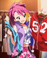 Rule 34 | 10s, 1girl, :d, blush, camouflage, camouflage pants, clothes hanger, clothes rack, clothes writing, female focus, hood, hooded, hoodie, idolmaster, idolmaster million live!, jacket, kawakami tetsuya, maihama ayumu, multicolored hair, official art, open mouth, pants, pink eyes, pink hair, shop, shopping, smile, solo, track jacket, vest