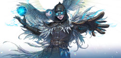 Rule 34 | 1boy, absurdres, animal, animal on shoulder, arm guards, ball, belt, belt pouch, bird, bird mask, bird on shoulder, black capelet, black coat, black gloves, blue background, blue theme, cape, capelet, chain, coat, commentary request, cowboy shot, eli clark, facing viewer, feathers, gloves, glowing, glowing eyes, gradient background, highres, hollow eyes, hood, hood up, hooded capelet, huge filesize, identity v, jewelry, light trail, magic, male focus, mask, one eye closed, open mouth, outstretched arms, owl, pouch, reaching, reaching towards viewer, tori shiru, white background