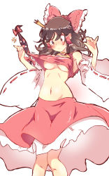 Rule 34 | 1girl, anger vein, armpits, ascot, assisted exposure, bad id, bad pixiv id, bare shoulders, blush, bow, breasts, brown eyes, brown hair, clothes pull, cowboy shot, detached sleeves, gap (touhou), hair bow, hair tubes, hakurei reimu, highres, medium breasts, midriff, navel, non (z-art), nontraditional miko, shirt pull, short hair, simple background, skirt, solo, sweatdrop, touhou, underboob, white background, wide sleeves