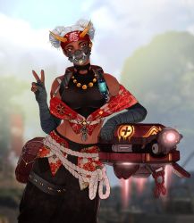 Rule 34 | 1girl, apex legends, bandages, bandaged arm, bandages, bare shoulders, belt, belt pouch, blurry, blurry background, breasts, commentary request, cowboy shot, dark skin, dark-skinned female, day, double bun, drone, eyelashes, hand up, highres, lifeline (apex legends), looking to the side, mask, medium breasts, mouth mask, nail polish, outdoors, pants, pink nails, pouch, rope, rudehousecat, short hair, solo, standing, turtleneck, utility belt, white hair