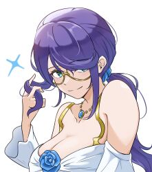 1girl aqua_eyes arm_at_side bare_shoulders blue_flower blue_rose blue_scrunchie blush breasts cleavage closed_mouth collarbone commentary detached_sleeves flower glasses hair_between_eyes hair_ornament hair_scrunchie hand_up highres holding holding_own_hair hoshimi_junna jewelry large_breasts long_hair long_sleeves looking_at_viewer low_ponytail necklace nittora official_alternate_costume official_alternate_hairstyle pendant ponytail purple_hair rose scrunchie semi-rimless_eyewear shirt shoujo_kageki_revue_starlight shoujo_kageki_revue_starlight_-re_live- sidelocks simple_background sleeveless sleeveless_shirt smile solo sparkle under-rim_eyewear upper_body white_background white_shirt wide_sleeves yellow-framed_eyewear