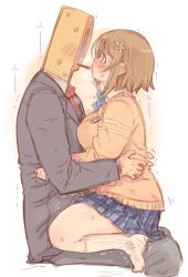 Rule 34 | 1boy, 1girl, 7010, blush, breasts, brown eyes, brown hair, commentary request, flower, food, formal, hair flower, hair ornament, idolmaster, idolmaster cinderella girls, medium breasts, mimura kanako, p-head producer, plaid, plaid skirt, plump, pocky, pocky kiss, producer (idolmaster), shared food, short hair, simple background, sitting, sitting on lap, sitting on person, skirt, socks, straddling, suit, sweat, sweater, thick thighs, thighs, trembling, white background