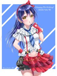 Rule 34 | 1girl, artist name, artist request, bare legs, black bow, black shorts, blue hair, blue neckwear, blush, bokura wa ima no naka de, bow, breasts, checkered clothes, checkered skirt, clothing cutout, cowboy shot, dress, earrings, female focus, fingerless gloves, frilled shirt, frills, gloves, hair between eyes, hair bow, hairband, heart cutout, highres, jewelry, long hair, looking at viewer, love live!, love live! school idol project, parted lips, pearl earrings, puffy shorts, red bow, red gloves, red hairband, red skirt, shirt, shorts, skirt, smile, solo, sonoda umi, striped neckwear, suspender skirt, suspenders, upper body, white dress, white shirt, yellow eyes