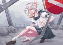 Rule 34 | 1girl, absurdres, accelerator (toaru majutsu no index), albino, ambiguous gender, androgynous, blue sailor collar, blue skirt, blurry, blurry background, bow, bread, bread slice, brown footwear, cherrhara, cityscape, construction site, fighting stance, flower, food, food in mouth, full body, grey background, hair flower, hair ornament, hand on floor, hand up, high-waist skirt, highres, legs, lily (flower), loafers, miniskirt, pale skin, red eyes, road closed sign, road closed to vehicles sign, road sign, sailor collar, sanpaku, school uniform, serafuku, shoes, short hair, sidelocks, sign, signature, skirt, socks, solo, squatting, suzushina yuriko, toaru majutsu no index, v-shaped eyebrows, white bow, white hair, white socks