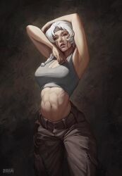 Rule 34 | 1girl, abs, arched back, armpits, arms up, artist name, black sclera, braid, breasts, brown eyes, brown pants, cargo pants, cleavage, colored sclera, commentary, commission, dough (doughnath), english commentary, facial mark, grey sports bra, heterochromia, highres, large breasts, mismatched sclera, navel, original, pants, scar, scar on face, scar on mouth, side braid, signature, solo, sports bra, toned, white hair, yellow eyes