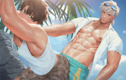 2boys abs aqua_male_swimwear bara bare_pectorals black_hair blue_eyes brown_male_swimwear closed_mouth cloud day eyewear_on_head fate/grand_order fate_(series) fujimaru_ritsuka_(male) imminent_anal imminent_penetration jewelry large_pectorals looking_at_another male_focus male_swimwear multiple_boys muscular muscular_male navel necklace nipples official_alternate_costume outdoors paid_reward_available pectorals penguin_frontier percival_(fate) percival_(summer_knight_outfit)_(fate) short_hair sky sunglasses tank_top white_hair white_tank_top yaoi