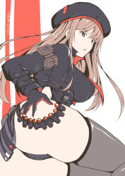 Rule 34 | 1girl, ammunition belt, ass, black gloves, black headwear, black jacket, black panties, black thighhighs, breasts, brown hair, buttons, double-breasted, from behind, gloves, goddess of victory: nikke, hand on own ass, highres, jacket, large breasts, long hair, long sleeves, looking at viewer, looking back, panties, parted lips, rapi (nikke), red eyes, simple background, solo, taira yuuki, thighhighs, underwear, very long hair, white background