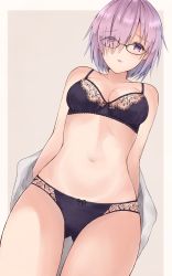 Rule 34 | 1girl, arms behind back, black bra, black panties, blush, bow, bow panties, bra, breasts, cleavage, collarbone, cowboy shot, dutch angle, eyes visible through hair, fate/grand order, fate (series), glasses, gluteal fold, hair over one eye, highres, lace, lace-trimmed bra, lace trim, looking at viewer, mash kyrielight, navel, off shoulder, open mouth, outside border, panties, purple eyes, purple hair, shiny skin, shirt, short hair, simple background, solo, standing, thigh gap, underwear, white shirt, yuzuzukushi