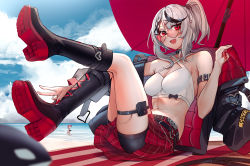Rule 34 | 2girls, :d, bare shoulders, belt, black hair, boots, breasts, cleavage, cloud, ehrrr, fang, grey hair, heart, heart-shaped eyewear, highres, hololive, looking at viewer, multiple girls, nail polish, navel, open mouth, parasol, ponytail, red eyes, red nails, sakamata chloe, sitting, smile, sunglasses, takane lui, thigh strap, umbrella, virtual youtuber