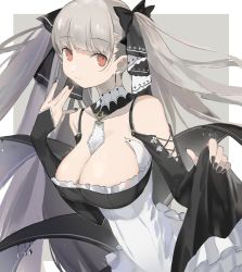Rule 34 | 1girl, azur lane, between breasts, black nails, breasts, cleavage, detached sleeves, dress, formidable (azur lane), frilled dress, frills, fujie-yz, grey hair, hair ribbon, highres, large breasts, long hair, looking at viewer, nail polish, neckwear between breasts, red eyes, ribbon, simple background, skirt hold, solo, twintails, two-tone background, two-tone dress, two-tone ribbon, upper body