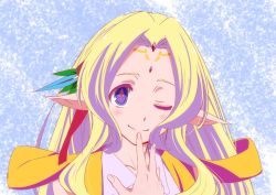 Rule 34 | 1girl, blonde hair, blue eyes, blush, closed mouth, commentary request, elf, feel nilvalen, forehead jewel, hair ornament, long hair, looking at viewer, multicolored eyes, no game no life, one eye closed, ooya kouji, pointy ears, purple eyes, smile, solo, symbol-shaped pupils