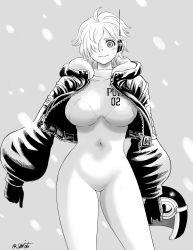 Rule 34 | 1girl, absurdres, antennae, artist request, black gloves, black jacket, bodysuit, breasts, gloves, hair over one eye, headphones, unworn headwear, helmet, unworn helmet, highres, holding, holding helmet, huge breasts, jacket, large breasts, looking at viewer, one piece, open clothes, open jacket, short hair, simple background, snow, snowing, solo, standing, tagme, thick thighs, thighs, vegapunk lilith, wide hips