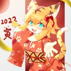 Rule 34 | 1girl, 2022, absurdres, animal ear fluff, animal ears, blonde hair, blue eyes, blush, chinese zodiac, claws, eyebrows, female focus, furry, furry female, hair ornament, highres, japanese clothes, kimono, looking at viewer, mia (world flipper), multicolored hair, new year, obi, ookami akira, open mouth, outstretched hand, paw print, paw print pattern, pointing, print kimono, sash, sidelocks, solo, tail, tiger ears, tiger girl, tiger tail, twitter username, world flipper, year of the tiger
