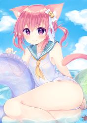 Rule 34 | 1girl, animal ears, bell, blue sailor collar, blush, cat ears, cat tail, colored eyelashes, crab, heart, heart-shaped pupils, highres, irone (miyamiya38), jingle bell, nontraditional school swimsuit, ocean, one-piece swimsuit, original, partially submerged, pink hair, purple eyes, sailor collar, school swimsuit, smile, solo, swimsuit, symbol-shaped pupils, tail
