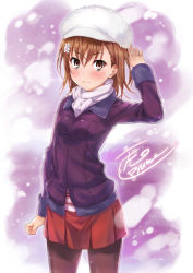 Rule 34 | &gt;:(, 1girl, arm at side, arm up, black pantyhose, blush, breasts, brown eyes, brown hair, closed mouth, coat, flower, fur hat, hair flower, hair ornament, hat, isshi pyuma, long sleeves, looking at viewer, miniskirt, misaka mikoto, pantyhose, purple background, purple coat, red skirt, scarf, short hair, signature, skirt, small breasts, snowing, solo, toaru kagaku no railgun, toaru majutsu no index, white hat, white scarf