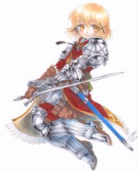 Rule 34 | 1girl, armor, artist name, blonde hair, brown hair, hidamari sketch, smile, sword, tagme, weapon, yellow eyes, yuno (hidamari sketch)