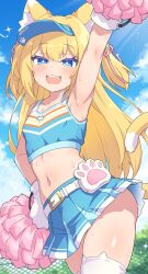 Rule 34 | 1girl, :d, animal ear fluff, animal ear legwear, animal ears, arm up, armpits, bare shoulders, belt, blonde hair, blue eyes, blue shirt, blue skirt, blue sky, blush, breasts, cat ear legwear, cat ears, cat girl, cat tail, chain-link fence, cheerleader, cloud, commentary request, crop top, day, fence, gloves, hair ribbon, hand on own hip, highres, holding, long hair, looking at viewer, midriff, miniskirt, navel, open mouth, original, outdoors, pleated skirt, pom pom (cheerleading), ribbon, shirt, skirt, sky, sleeveless, small breasts, smile, solo, sweat, tail, thighhighs, thighs, two side up, ug (nekonekodou), visor cap, white gloves, white thighhighs