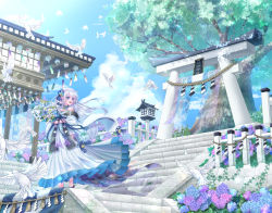 Rule 34 | 1girl, :d, animal, bell, bird, blush, bouquet, choker, day, dress, flower, gate, hair ornament, highres, holding, holding bouquet, holding flower, hydrangea, long hair, looking back, off-shoulder dress, off shoulder, open mouth, original, outdoors, rope, shide, shrine, sky, smile, solo, stairs, stone lantern, suzune (p5lel), torii, tree, very long hair, white hair, wide sleeves, wind, wind chime