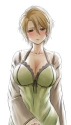 Rule 34 | 10s, 1girl, blonde hair, blush, breasts, brown eyes, collarbone, dress, female focus, gareth (granblue fantasy), granblue fantasy, hair between eyes, highres, kanno takanori, large breasts, long sleeves, looking at viewer, open mouth, short hair, simple background, solo, white background