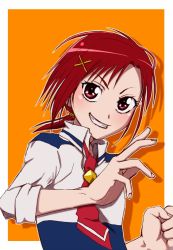 Rule 34 | 10s, 1girl, amawa kazuhiro, clenched hand, eyelashes, fighting stance, grin, hair ornament, hairclip, highres, hino akane (smile precure!), necktie, orange background, precure, red eyes, red hair, school uniform, sleeves rolled up, smile, smile precure!, solo, upper body