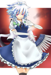 Rule 34 | 1girl, bad id, bad pixiv id, braid, elbow gloves, female focus, ginji74, gloves, izayoi sakuya, knife, maid, moon, red eyes, short hair, silver hair, solo, embodiment of scarlet devil, thighhighs, throwing knife, touhou, twin braids, weapon