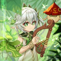Rule 34 | 1girl, 2others, aranara (genshin impact), bracelet, braid, child, commentary, detached sleeves, dm (nguyen dm95), dress, english commentary, flying, forest, genshin impact, green eyes, hair ornament, jewelry, leaf, leaf on head, lyre, multicolored hair, multiple others, musical note, nahida (genshin impact), nature, pixiv id, plant, pointy ears, side braid, side ponytail, smile, twitter username, water drop, white dress, white hair