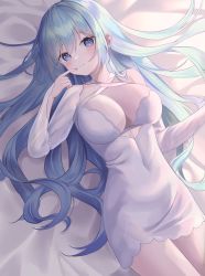 Rule 34 | 1girl, 3:, absurdres, azur lane, bed sheet, blue eyes, blue hair, blush, breasts, cleavage, closed mouth, collarbone, commentary request, covered navel, criss-cross halter, dress, finger to mouth, fingernails, from above, frown, halterneck, highres, long hair, long sleeves, looking at viewer, lying, nail polish, on back, on bed, purple eyes, ram art12, solo, sovetskaya rossiya (azur lane), very long hair, white dress