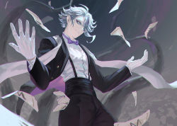 Rule 34 | 1boy, azul ashengrotto, black jacket, black pants, blue eyes, bow, bowtie, buttons, closed mouth, collared shirt, commentary, egggg233333, glasses, gloves, grey hair, hands up, highres, jacket, long sleeves, male focus, mole, mole under mouth, open clothes, open jacket, pants, parted bangs, purple bow, purple bowtie, semi-rimless eyewear, shirt, shirt tucked in, short hair, smile, solo, standing, suspenders, tree, twisted wonderland, white gloves, white shirt