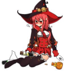 Rule 34 | 1girl, blush, dungeon and fighter, gloves, hat, jack-o&#039;-lantern, looking down, mage (dungeon and fighter), no shoes, potion, red eyes, red hair, sitting, sss (komojinos3), thighhighs, transparent background, white background, witch, witch (dungeon and fighter), witch hat