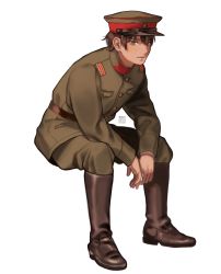 Rule 34 | 1boy, absurdres, bad id, bad pixiv id, belt, between legs, blue eyes, boots, breast pocket, brown footwear, brown hair, elbows on knees, expressionless, green jacket, green pants, hand between legs, hat, high collar, highres, imperial japanese army, invisible chair, jacket, knee boots, leaning forward, looking at viewer, male focus, military, military jacket, military uniform, original, pants, peaked cap, pocket, short hair, simple background, sitting, soldier, solo, tsukino miyako, uniform