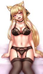 Rule 34 | 1girl, animal ears, arm support, bad id, bad pixiv id, bed sheet, black bra, black choker, black garter belt, black panties, black ribbon, black thighhighs, blonde hair, blush, bow, bow panties, bra, braid, choker, collarbone, commentary request, embroidered bra, embroidered panties, erune, floral print, garter belt, gluteal fold, granblue fantasy, hair ribbon, head tilt, lace, lace-trimmed bra, lace trim, legs, lingerie, long hair, looking at viewer, navel, on bed, open mouth, panties, red eyes, ribbon, sitting, smile, solo, tarte.k, thigh gap, thighhighs, underwear, underwear only, very long hair, yuisis (granblue fantasy)
