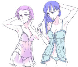Rule 34 | 2girls, blue eyes, blue hair, blue panties, braid, breasts, cleavage, closed mouth, collarbone, condom, condom in mouth, condom wrapper, cowboy shot, crown braid, dokidoki! precure, hand on head, hands in hair, hishikawa rikka, kenzaki makoto, lingerie, long hair, looking at viewer, midriff, mouth hold, multiple girls, navel, negligee, negom, panties, pink eyes, pink hair, pink panties, precure, see-through, short hair, simple background, sketch, sleeveless, small breasts, standing, stomach, swept bangs, underwear, underwear only, white background