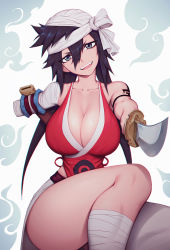 Rule 34 | 1girl, :d, amputee, black hair, bleach, breasts, cleavage, collarbone, grey eyes, hair between eyes, head tilt, highres, holding, holding sword, holding weapon, large breasts, liyart, looking at viewer, messy hair, open mouth, pointing weapon, shiba kuukaku, smile, solo, sword, thick thighs, thighs, weapon