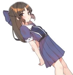 Rule 34 | 1girl, aa211108, arms behind back, blue shirt, blue skirt, blush, bow, brown hair, dutch angle, feet out of frame, hair bow, holding own arm, idolmaster, idolmaster cinderella girls, looking at viewer, looking down, pleated skirt, shirt, short sleeves, simple background, skirt, solo, tachibana arisu, white background