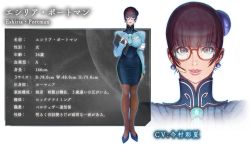 Rule 34 | 10s, 1girl, artist request, blue footwear, breasts, brown eyes, brown hair, brown legwear, character name, character profile, clipboard, earrings, eshiria portman, female focus, glasses, hair ornament, heels, high collar, high heels, holding, holding clipboard, japanese text, jewelry, large breasts, looking at viewer, matching hair/eyes, military, military uniform, official art, parted lips, profile, raiden (series), raiden v, short hair, solo, standing, studio hive, transparent background, uniform, zoom layer