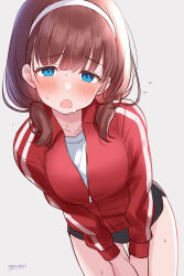 Rule 34 | 1girl, :o, absurdres, black shorts, blush, breasts, brown hair, chiyosuke (nosuke21), full-face blush, furrowed brow, highres, idolmaster, idolmaster cinderella girls, jacket, looking at viewer, medium breasts, own hands together, partially unzipped, red jacket, sakuma mayu, short shorts, short twintails, shorts, simple background, solo, sweatdrop, track jacket, twintails, twitter username