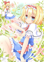 Rule 34 | 1girl, alice margatroid, apron, barefoot, blonde hair, blue dress, blue eyes, blush, bow, capelet, dress, female focus, flower, hair bow, hairband, long hair, looking at viewer, puffy sleeves, puppet strings, sash, shanghai doll, short hair, short sleeves, sitting, sitting on object, smile, touhou, umi suzume, waist apron