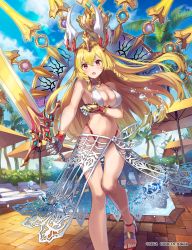 Rule 34 | 1girl, :o, bare arms, bare shoulders, bikini, blonde hair, cloud, code of joker, day, eihi, gauntlets, halterneck, headdress, highleg, highleg bikini, holding, holding sword, holding weapon, jewelry, long hair, looking at viewer, navel, neck ring, official art, open mouth, outdoors, pool, red eyes, sandals, sarong, solo, standing, stomach, swimsuit, sword, thighs, very long hair, weapon, white bikini