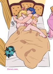 Rule 34 | 3boys, aftersex, bed, bed sheet, bedroom, black nails, blonde hair, can, closed eyes, couple, dio brando, earrings, english text, family, father and son, giorno giovanna, highres, honlo, indoors, jewelry, jojo no kimyou na bouken, jonathan joestar, looking at another, male focus, multiple boys, muscular, muscular male, nail polish, on bed, sleeping, standing, stuffed toy, toenail polish, toenails, yaoi, zzz