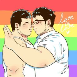 Rule 34 | 2boys, against wall, bara, beard stubble, closed eyes, collared shirt, couple, daisukebear, facial hair, fat, fat man, flag background, from side, glasses, invisible wall, male focus, mature male, multiple boys, noses touching, original, pectorals, rainbow flag, shirt, short hair, sideburns, stubble, tank top, thick eyebrows, upper body, white tank top, yaoi