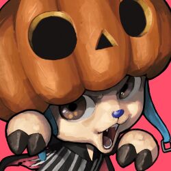 black_shirt brown_eyes brown_fur fangs hooves iam_san3 jack-o&#039;-lantern jack-o&#039;-lantern_hat no_humans one_piece pink_background shirt solo striped_clothes striped_shirt tony_tony_chopper white_shirt