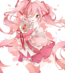 Rule 34 | 1girl, ;d, bouquet, elbow gloves, flower, gloves, hatsune miku, long hair, natyu hata, necktie, one eye closed, open mouth, petals, pink hair, red eyes, sakura miku, skirt, smile, solo, thighhighs, twintails, very long hair, vocaloid, white background, wink