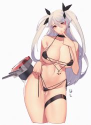Rule 34 | 1girl, anchor, azur lane, bare arms, bare shoulders, bikini, black neckwear, black ribbon, blush, breasts, brown eyes, choker, cleavage, collarbone, contrapposto, cropped legs, cross, earrings, finger to mouth, flag print, german flag, german flag bikini, gluteal fold, groin, hair between eyes, hair ribbon, head tilt, highres, iron cross, jewelry, large breasts, long hair, looking at viewer, machinery, micro bikini, multi-strapped bikini bottom, multi-strapped bikini top, multicolored hair, navel, prinz eugen (azur lane), prinz eugen (unfading smile) (azur lane), red hair, ribbon, side-tie bikini bottom, silver hair, simple background, solo, standing, stomach, streaked hair, swimsuit, tachibana-san, thigh strap, thighs, tsurime, turret, two side up, untied bikini, white background