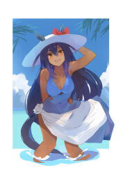 Rule 34 | 1girl, :d, absurdres, alternate costume, animal ears, bana (stand flower), blue hair, blue one-piece swimsuit, blue sky, blush, breasts, brown eyes, cleavage, commentary request, covered navel, dark-skinned female, dark skin, day, fang, hair between eyes, hat, highres, hip vent, hishi amazon (umamusume), horse ears, horse girl, horse tail, large breasts, leaning forward, long hair, looking at viewer, one-piece swimsuit, open mouth, outdoors, sarong, skin fang, sky, smile, solo, sun hat, swimsuit, tail, umamusume, wading