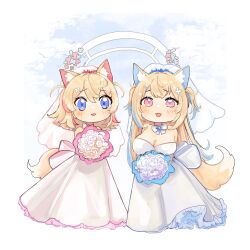 Rule 34 | 1girl, 2girls, alternate costume, animal ear fluff, animal ears, bandaid, bandaid hair ornament, blonde hair, blue eyes, blue hair, bouquet, breasts, cleavage, dog ears, dog girl, dog tail, dress, flower, fuwawa abyssgard, hair ornament, hairpin, highres, holding, holding bouquet, hololive, hololive english, large breasts, mococo abyssgard, multicolored hair, multiple girls, open mouth, pink eyes, pink hair, shibedraws, siblings, sisters, sleeveless, sleeveless dress, smile, streaked hair, tail, twins, two side up, virtual youtuber, wedding dress, white dress, x hair ornament