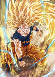Rule 34 | 1boy, aura, blonde hair, blue eyes, bruise, clenched hand, dougi, dragon ball, dragonball z, electricity, fighting stance, full body, highres, injury, long hair, looking at viewer, male focus, mattari illust, muscular, no eyebrows, open mouth, rock, sash, smile, solo, son goku, super saiyan, super saiyan 3, torn clothes, very long hair