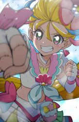 Rule 34 | 1girl, blonde hair, choker, collarbone, commentary request, cure summer, elbow gloves, fingerless gloves, gloves, green eyes, grin, heart, heart in eye, magical girl, midriff, multicolored hair, natsuumi manatsu, precure, punching, shirt, skirt, sleeveless, sleeveless shirt, smile, solo, streaked hair, symbol in eye, teeth, tj-type1, tropical-rouge! precure, white choker, white gloves, white shirt, white skirt