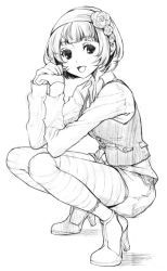 Rule 34 | greyscale, hairband, high heels, long sleeves, monochrome, pantyhose, sage joh, shoes, short hair, solo, squatting