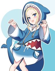 Rule 34 | 1girl, alternate costume, alternate hairstyle, animal costume, animal hood, beatrice (re:zero), blonde hair, blue background, blue eyes, claw pose, commentary request, cosplay, drawstring, fake tail, fins, fish bone print, fish tail, gawr gura, gawr gura (1st costume), gawr gura (cosplay), hololive, hololive english, hood, hood up, hoodie, long hair, long sleeves, looking at viewer, open mouth, outline, pocket, puffy sleeves, re:zero kara hajimeru isekai seikatsu, s (hdru2332), shark costume, shark hood, shark tail, sharp teeth, solo, symbol-shaped pupils, tail, teeth, virtual youtuber, white background, white outline